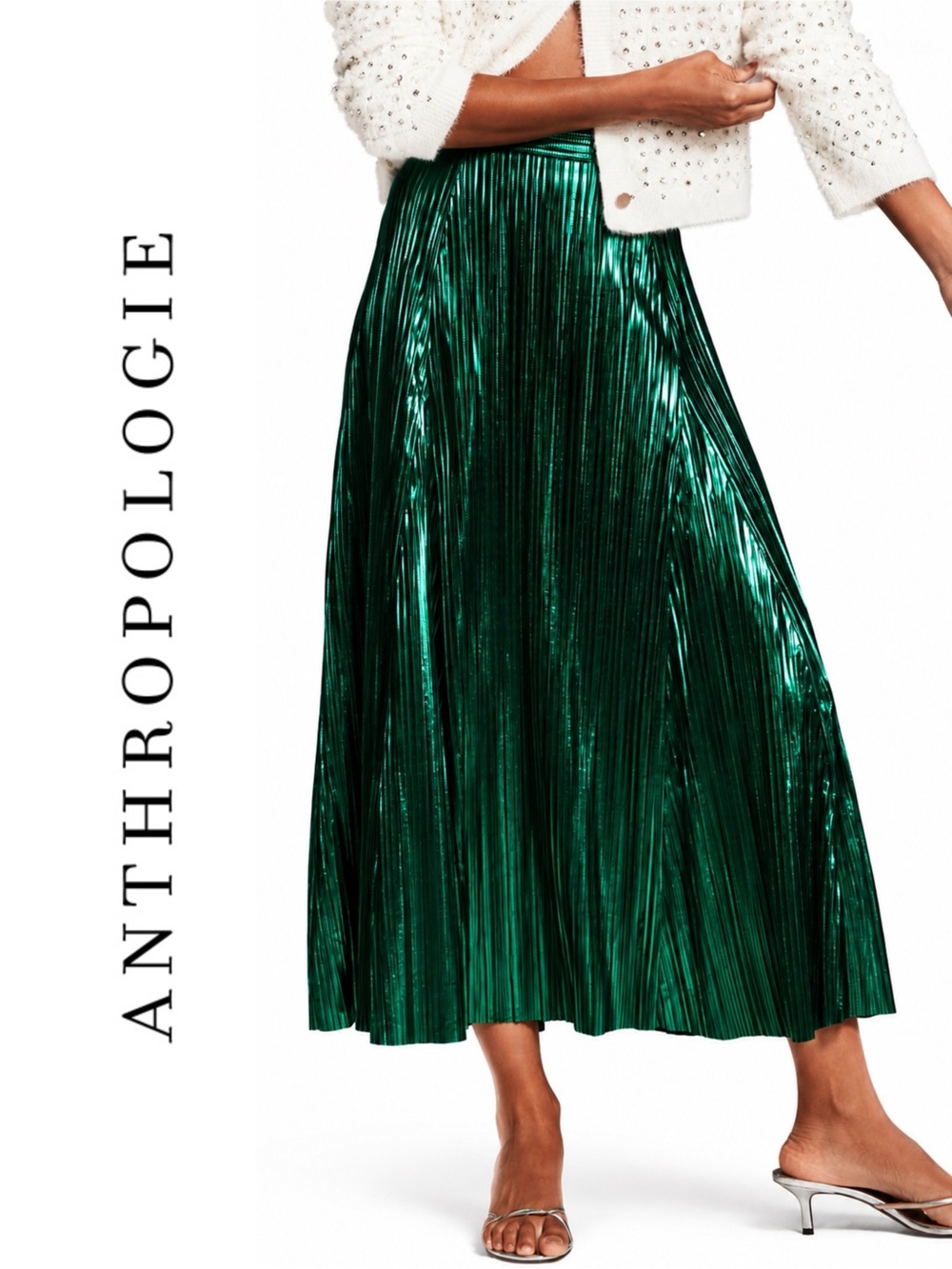 Anthropologie Metallic Pleated Midi Skirt